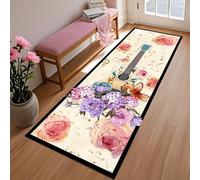 ZCLRUG Floral Musical Instrument Runner Rug, 60 x 150 cm Bohemian romantic style Music Guitar Pink Purple roses Butterfly Long Rugs, Washable Non-Slip Musical Note Cream Carpet for Kids Room Bedside