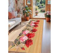 ZCLRUG Floral Washable Runner Rug 50 x 150 cm, Romantic Red Pink Rose leaf board Long Rug, Soft Non-Slip Low Pile Retro style light brown Floor mat for Kids Room Entryway Hallway Carpet
