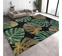 ZCLRUG Luxurious Golden Leaves Black Area Carpet, 70x140cm, Tropical Plant Monstera Print Washable Rug, Anti-Slip Bedside Rug, Reduce Noise Office Carpet, Foldable Lightweight Mats for Living Room