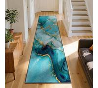 ZCLRUG Modern Abstract Turquoise Gold Runner Rug,60x240cm,Luxury Teal Marble Texture Rug, Non-Slip Washable Aqua and Gold Swirl Runner Rug, Artistic Long Floor Carpet for Kitchen, Hallway, Entryway.