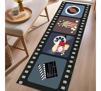 ZCLRUG Movie Night Cinema Runner Rug, 80 x 200 cm Clapboard Popcorn Videotape Film vinyl Record Print Rug, Non Slip Washable Foldable Retro style Red Blue Floor Mat for Living Room High Traffic Areas