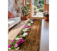ZCLRUG Natural Floral Non Slip Runner Rug, 60 x 240 cm Petunia Green Leaves brown Wood Grain Long Rug, Low Pile Washable Soft Retro style Pink White Floor mat for Hallway Entryway Indoor Carpet