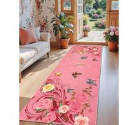 ZCLRUG Pink Flower Hallway Runner Rug, 60 x 240 cm Romantic Rose Leaf Flying butterflies Print Long Rug, Washable Non-Slip Low Pile Dreamy style Colorful Floor mat for Entryway Bedroom Kitchen Carpet