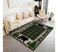 ZCLRUG Rustic Cabin Bear Area Rug 180 x 230 cm, Bear Paw print Pine tree Pattern Rug, Easy Care Washable Non Slip Retro style Black green Floor mat for Bedroom Nursery Living Room Office Carpet