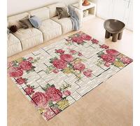 ZCLRUG Vintage Floral Area Rug, 120 x 180 cm Soft Non Slip Pink Rose peony Small yellow flowers Leaf Rug, Washable Easy Care Non-Shedding geometric Off-white Carpet for Bedroom Entryway Floor mat