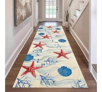 ZCLRUG Watercolor Beach Runner Rug, 60 x 300 cm marine life starfish Seashell coral Washable Rug, Soft Non-Slip Durable Ocean Theme Red Blue Floor mat, for Bedside Living Room Entryway Indoor Carpet