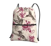 Zcmkjlg Beautiful Flowers Hummingbird Print Drawstring Bag with Zipper Pocket, Collapsible Daypack, Adjustable for Camping Festival Outing