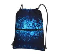 Zcmkjlg Blue Musical Notes Print Drawstring Bag with Zipper Pocket, Collapsible Daypack, Adjustable for Camping Festival Outing