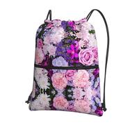 Zcmkjlg Colorful Nature Flower Print Drawstring Bag with Zipper Pocket, Collapsible Daypack, Adjustable for Camping Festival Outing