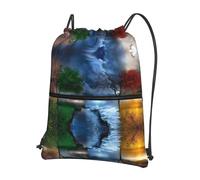 Zcmkjlg Four Season Tree of Life Print Drawstring Bag with Zipper Pocket, Collapsible Daypack, Adjustable for Camping Festival Outing