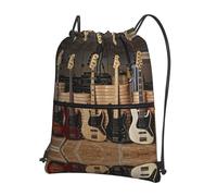 Zcmkjlg Guitar Bass Music Musical Instruments Print Drawstring Bag with Zipper Pocket, Collapsible Daypack, Adjustable for Camping Festival Outing