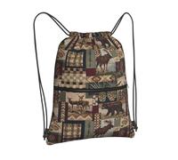 Zcmkjlg Lodge Bear Deer Print Drawstring Bag with Zipper Pocket, Collapsible Daypack, Adjustable for Camping Festival Outing