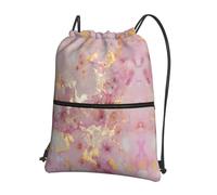 Zcmkjlg Pink Marble Texture Print Drawstring Bag with Zipper Pocket, Collapsible Daypack, Adjustable for Camping Festival Outing