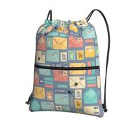 Zcmkjlg Postal Stationery Print Drawstring Bag with Zipper Pocket, Collapsible Daypack, Adjustable for Camping Festival Outing