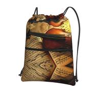 Zcmkjlg Violin and Book Print Drawstring Bag with Zipper Pocket, Collapsible Daypack, Adjustable for Camping Festival Outing