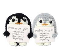 ZCMMGPBB 2 Pack Funny Positive Dolls,Mini Cute Good Luck Gifts Inspirational Knitted Wool Penguin Doll with Positive Card,Funny Emotional Plush Crafts for Kids Students Birthday Gifts(Black+Grey)