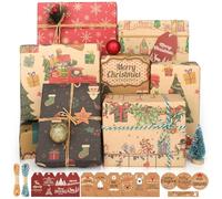 ZCOINS 12 Sheets Kraft Christmas Wrapping Paper and 14 Gift Tags, 6 Designs Large 50x70cm Vintage Xmas Gift Wrap Recyclable Brown Paper for Present Decor, DIY Crafts