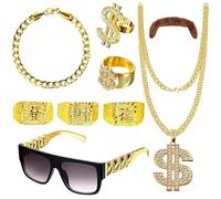 ZcrPrn Fake Gold Chain, 9 PCS Hip Hop Accessories Set with Gold Chain Dollar Glasses Hip Hop Ring, 90s Fancy Dress Men for Disco Parties, Hip-Hop Events, Halloween Role Play