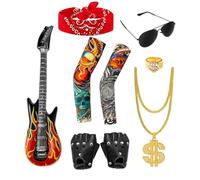 ZcrPrn Kids Rockstar Costume, Rockstar Fancy Dress Kids, 9PCS Rock Star Fancy Dress Set with Inflatable Guitar, Gloves, Tattoo Sleeves and more, Rockstar Costume for Halloween, Rock day and Disco