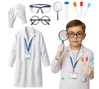ZcrPrn Scientist Costume Kids, Halloween Costumes, 10 PCS Mad Scientist Costume Kids Set with Lab Coat, Goggles, ID Card, Gloves, Magnifying and Glass, for Halloween Science W osplay Party