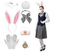 ZcrPrn White Rabbit Costume 7-Piece Set, Carnival White Rabbit Easter Bunny Accessories for Adults and Youth, Mad Hatter in Themed Cosplay with Rabbit Ears and Pocket Watch