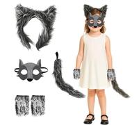ZcrPrn Wolf Costume for Kids, Halloween Costumes, 4pcs Grey Halloween Costume Set with Wolf Mask, Ears Headband, Gloves and Tail, Perfect for Halloween Party, Cosplay and Theme Parties