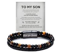 ZCVFA The Guardian - Son's Tiger Eye Protection Bracelet, To My Son Leather Black Beaded Bracelet Calming Anxiety Handmade Cuff Bracelets Birthday Weave Gift Jewelry, 21 CM, Stainless Steel, no