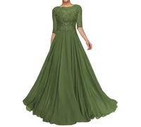 ZCXCsfp Lace Appliques Mother of The Bride Apparel Short Sleeves Long Chiffon Prom Dresses a Line Bridesmaid Dress with Bead (Olive, 18)