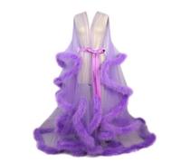 ZCXCsfp Perspective Feather Robe for Women Lingerie Bathrobe Mesh Flare Sleeves Tulle Lotus Leaf Long Bathrobe Party Wedding Dress, (Purple, One Size)
