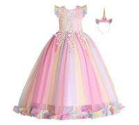 ZCXCsfp Princess Rainbow Unicorn Long Tulle Dress w/Headband Girls Birthday Christmas Party Ball Gown Halloween Costume (Rainbow 001, 140)