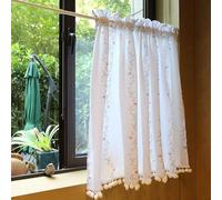 ZCXCsfp White Cotton Botanical Embroidery Curtain with Pom Poms Tassels Half Window Panel for Kitchen Cafe Bedroom Cabinet Door Small Window (White, 110cm(Width)*30cm(Height))