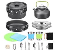 ZDAGELD 22PCS Camping Cookware with Lightweight Stainless Steel Utensils, Nonstick Aluminum Pot and Teapot Set for 2 3 Person, Hiking Backpacking Gear, Portable Picnic Accessorie (Black)