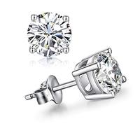 ZDaoBen Men Stud Earrings, 18K White Gold Plated 4 Pong Round CZ Earrings, 925 Sterling Silver Stud Earrings for Women/Men 3MM-8MM Available, 8 mm, Sterling Silver, Cubic Zirconia