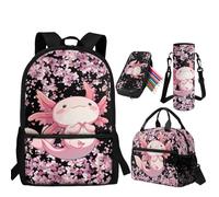 ZDCUSTOM 4PCS Kids Backpack with Lunch Box School Backpack Large Capacity Bookbags with Pencil Case and Water Bottle Sleeves, Pink Axolotl, L, 4-in-1 Backpack Set