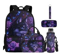 ZDCUSTOM Backpacks with Lunch Box 5PCS School Backpack Bookbag with Cup Sleeve Pencil Case Keychain, Back to School Supplies, Purple Wolf, L, 5-in-1 Backpack Set