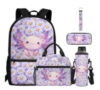 ZDCUSTOM School Backpack with Lunch Box for Kids Bookbag Set with Cup Sleeve, Pencil Case, Keychain, Back to School Supplies, Daisy Axolotl, L, 5-in-1 Backpack Set