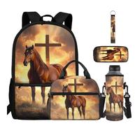 ZDCUSTOM School Backpack with Lunch Box for Kids Bookbag Set with Cup Sleeve, Pencil Case, Keychain, Back to School Supplies, Cross Horse, L, 5-in-1 Backpack Set