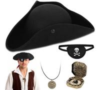 Zddaoole 4 Pcs Pirate Hat Set,Pirate Tricorn Hat with Eye Patch & Necklaces & Compass,Pirate Cosplay Decoration for Male Female Halloween Party