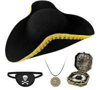 Zddaoole Black Tricorn Hat,Pirate Hat with Gold Trimming,Colonial Costume Hat for Men Women Cosplay Party,Halloween Renaissance Costume Accessory
