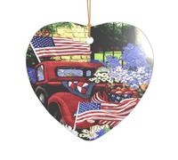 ZDFHKYDY 4th Of July Patriotic Old Red Truck -Print Acrylic Pendant Gold Lanyard Heart Shape Christmas Acrylic Ornaments, Lightweight Reusable,For Weddings, Parties Retail Displays.