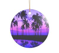 ZDFHKYDY Palm Tree Purple Sunset -Print Acrylic Pendant Gold Lanyard Round Shape Christmas Acrylic Ornaments, Lightweight Reusable,For Weddings, Parties Retail Displays.