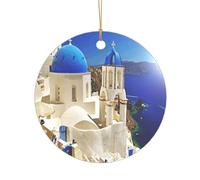 ZDFHKYDY Santorini Greek Island sea View -Print Acrylic Pendant Gold Lanyard Round Shape Christmas Acrylic Ornaments, Lightweight Reusable,For Weddings, Parties Retail Displays.