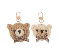 ZDHC 2 Pcs Handmade Crochet Knitted Bear Head Keychain Cute Bow Cartoon Animal Keyring for Women Bag Charm Girls Backpack Pendant