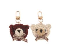 ZDHC 2 Pcs Handmade Crochet Knitted Bear Head Keychain Cute Bow Cartoon Animal Keyring for Women Bag Charm Girls Backpack Pendant