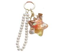 ZDHC Cute Pentagram Bear Strawberry Fruit Liquid Quicksand Keyring with Pearl Beaded Wrist Lanyard Key Chain Holder for Women Girl (Yellow)