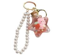 ZDHC Cute Pentagram Bear Strawberry Fruit Liquid Quicksand Keyring with Pearl Beaded Wrist Lanyard Key Chain Holder for Women Girl (Pink)