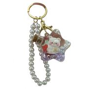 ZDHC Cute Pentagram Bear Strawberry Fruit Liquid Quicksand Keyring with Pearl Beaded Wrist Lanyard Key Chain Holder for Women Girl (Purple)