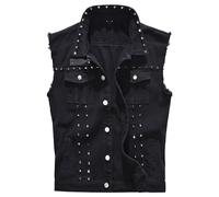 ZDJSWJ Men Punk Rock Denim Vest Jacket Lapel Coat Rivet Jacket Button Trucker Jean Vest Sleeveless, Black, 3XL