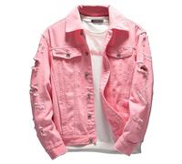 ZDJSWJ Men's broken button down denim jacket ripped denim jacket slim trucker cycling coat casual denim cut, Colour: Pink, M