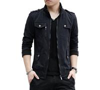 ZDJSWJ Men's Cotton Multi Pocket Jacket Wash Classic Casual Denim Coat Stand Collar Military Denim Jacket, Black, M